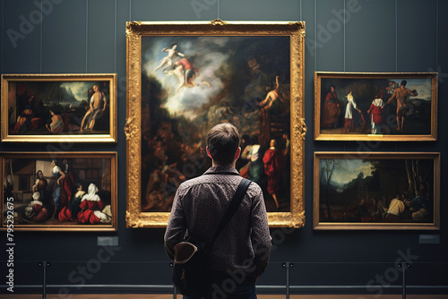 Back view of a attractive woman looking at renaissance style paintings in an old museum art gallery