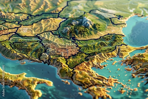 topographic map of spain with elevated terrain and urban areas 3d rendering