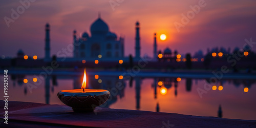 Beautiful candle light with mosque silhouette on background