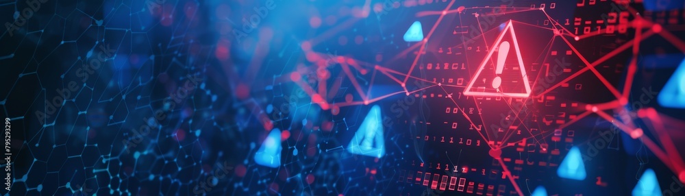 Red exclamation mark warning sign over blue background with binary code ...