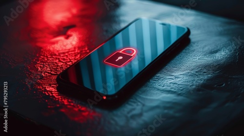 A locked smartphone with a red glowing lock icon on the screen. photo