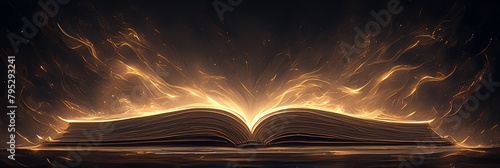 A large open book with light emanating from it on black background, representing the illuminated bible and its significance in Christian divinity.  photo