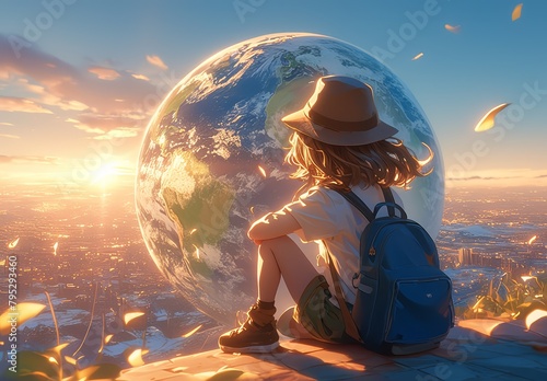 A little girl sitting on the ground with her back to us, wearing a hat and backpack looking at an earth globe, colorful, vibrant, happy mood