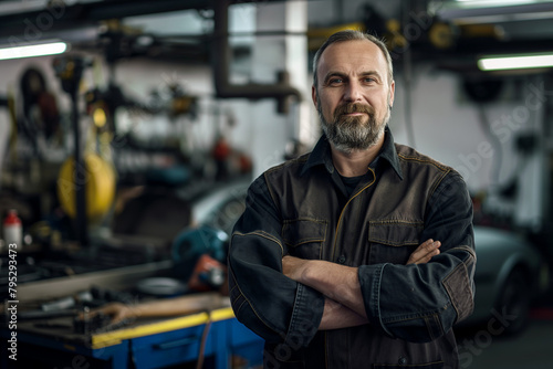 Mechanic man portrait standing in the workshop.