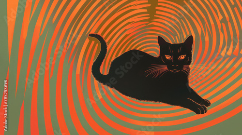 Abstract black cat against hypnotic orange background