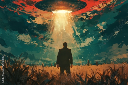 A man in a suit is standing on an open field, looking up at a flying saucer above him with lights shining down from it. The sky behind them has clouds and people are running away in fear.