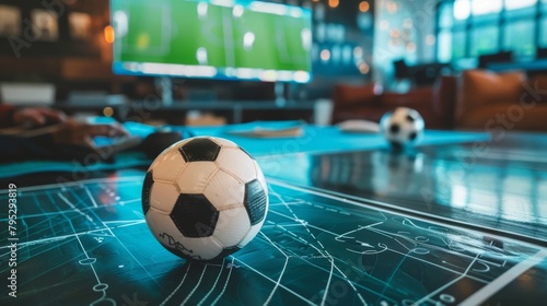 A close up of a soccer ball on a table with a diagram of a soccer field in the background.