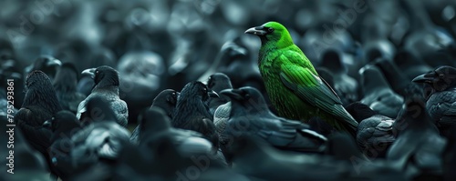 green bird stands out amongst a flock of black crows, evoking feelings of individuality and uniqueness. banner photo