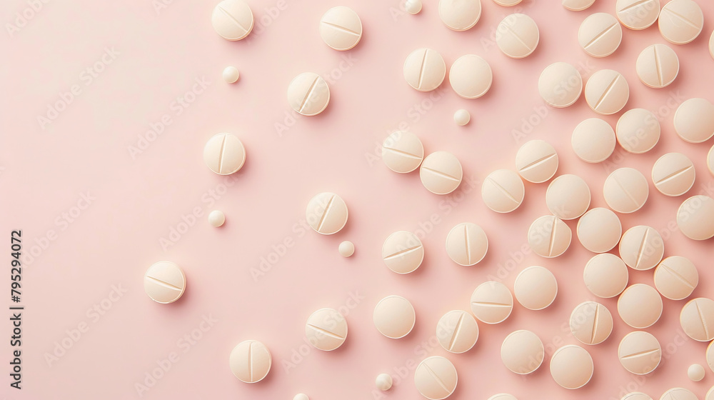 Minimalistic beige pills scattered on a soft pink background