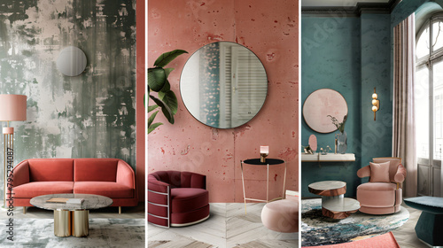 Collage of stylish interiors with round mirrors hangin photo