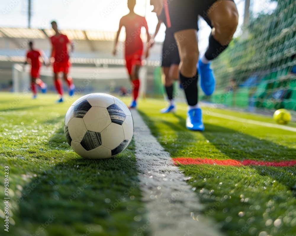 A close up of a soccer ball on the field with players in the background.