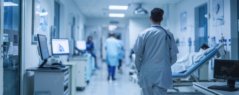 Back view of a healthcare professional medician a modern hospital hallway equipped with medical technology Back view of a healthcare professional medician a modern hospital hallway equipped with medical technology