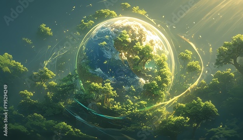 A mossy globe on the ground in an enchanted forest, with trees and plants growing from it. The global environmental theme shows a green earth with lush vegetation, like planet Earth