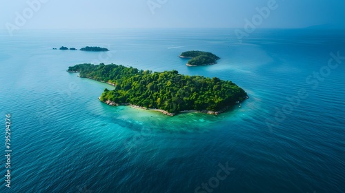 At sundown, a green island in the endless, serene turquoise sea. © horizon