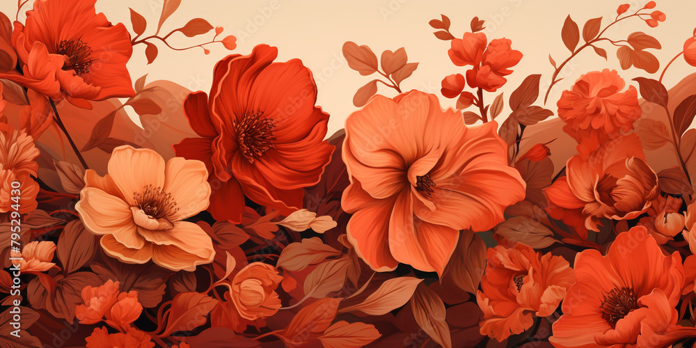 Fiery red and burnt orange florals dancing seamlessly on a warm background.