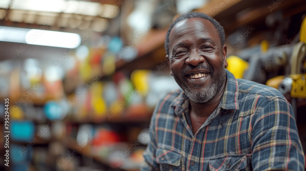 Smiling African middle-aged man chooses repair tool in hardware store, laughing. Smiling African middle-aged man chooses repair tool in hardware store, laughing.