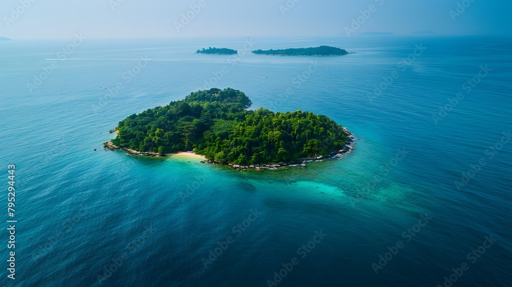 At sundown, a green island in the endless, serene turquoise sea.