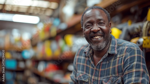Smiling African middle-aged man chooses repair tool in hardware store, laughing.