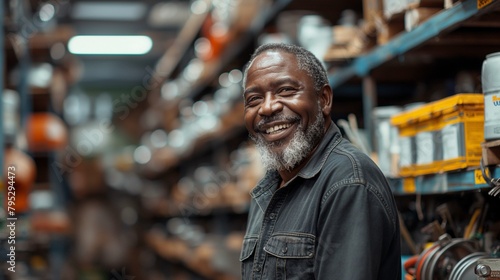 Joyful African man in his middle years chooses repair equipment, laughter filling hardware store.