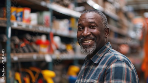 Laughing middle-aged man of African descent selects repair equipment in hardware warehouse