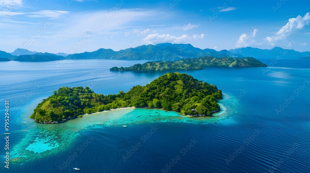 Fototapeta premium At sundown, a green island in the endless, serene turquoise sea.