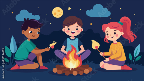 A siblings rivalry forgotten as they gather around the campfire to make smores together weaving memories that will last a lifetime.
