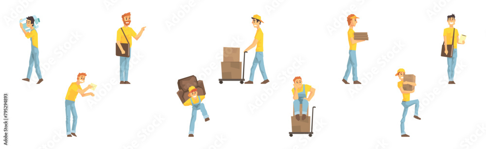 Deliveryman and Man Carrier with Cargo and Parcel Vector Set Deliveryman and Man Carrier with Cargo and Parcel Vector Set