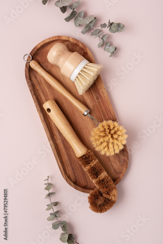 Set of wooden bamboo brushes for washing dishes and cleaning home