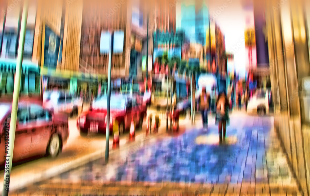 City, blurred and people walking on sidewalk for morning commute with motion, population and social migration. Society, transport and crowd on busy street, urban movement and travel culture in London