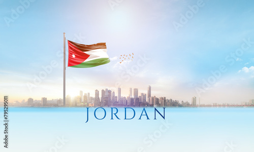 Jordan national flag waving in beautiful building skyline. photo