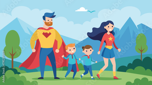 A family dressed as a dynamic superhero team for a day going on a hike and using their powers to explore nature and make the world a better