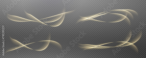 Vector png background with gold glowing lines. Gold glowing lines of speed. Light glow effect. Light trail wave, fire trail line and glow curve swirl.