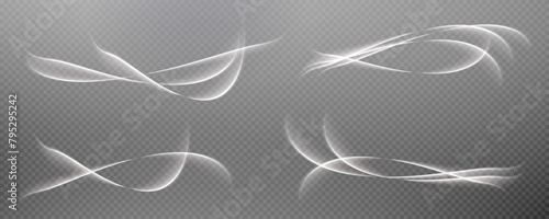 Vector png background with white glowing lines. White glowing lines of speed. Light glow effect. Light trail wave, fire trail line and glow curve swirl.