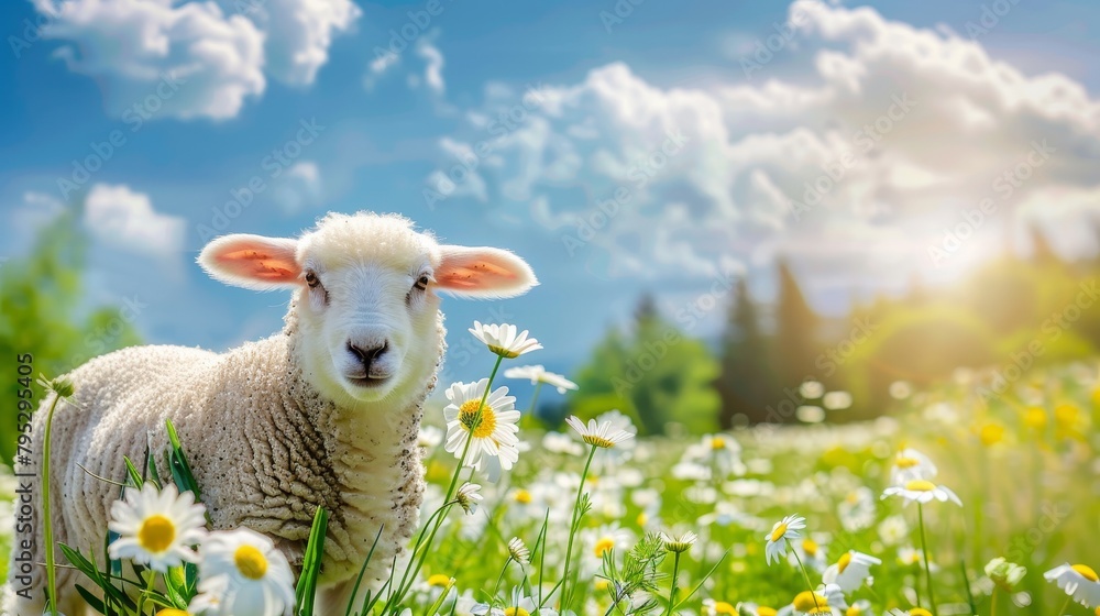 Fototapeta premium Young lamb in daisy field on summer day tranquil farm animal scene with text space
