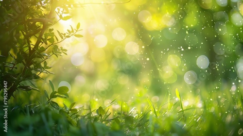 Defocused green trees in forest or park with wild grass and sun beams. Beautiful summer spring natural background. Sunlit meadow with vibrant green grass, delicate white flowers, and a hazy forest.