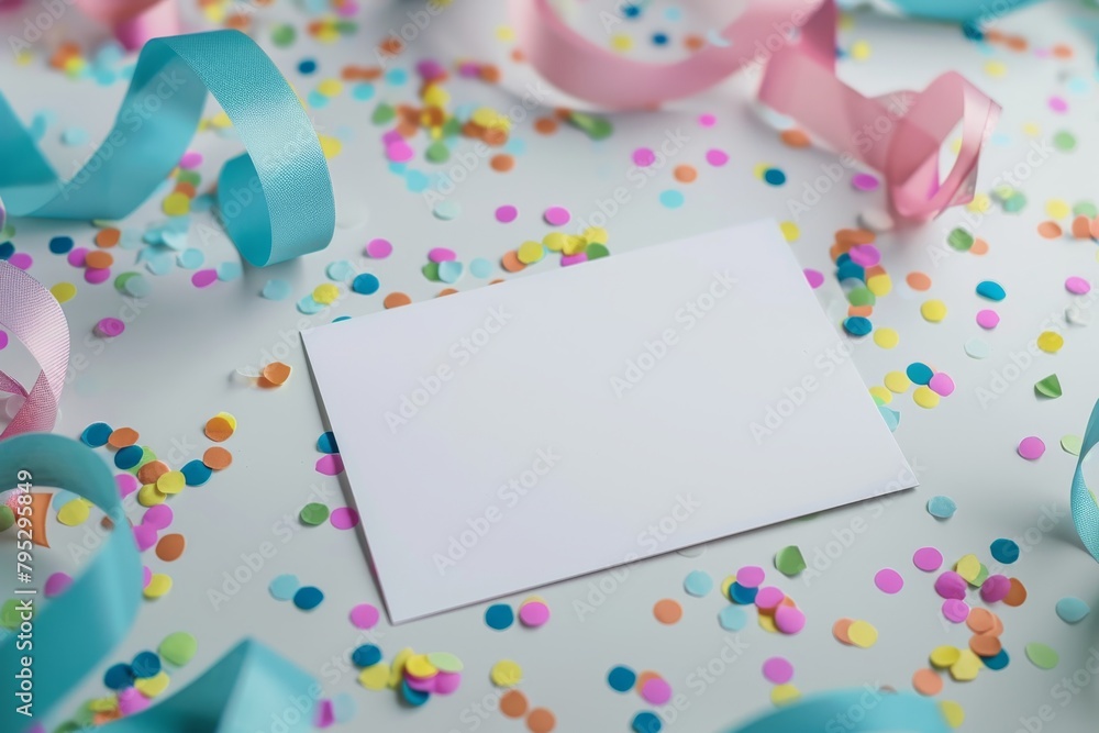 A blank white note card sits on a table covered in colorful confetti and blue and pink streamers.