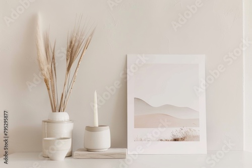 A minimalist still life image of a ceramic vase with wheat stalks, a ceramic candle holder with a candle, and a framed print of a desert landscape. The objects are arranged on a white table against a photo