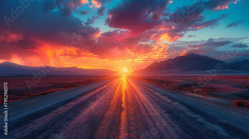 Stunning sunset over a remote desert road with dramatic clouds