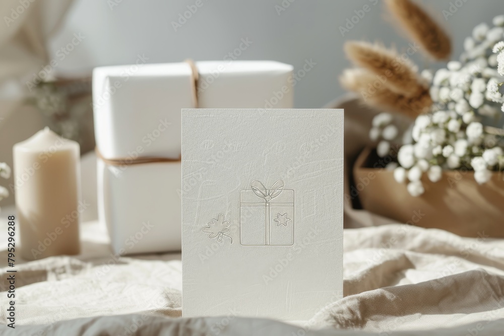 A close-up of a white textured card with a present on it. There are candles and flowers in the background. A close-up of a white textured card with a present on it. There are candles and flowers in the background.