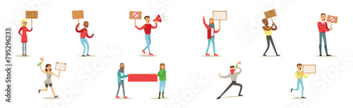 Angry People with Placard and Banner Participate in Protest Vector Set