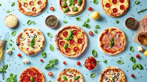Collage with delicious pizzas and ingredients on color