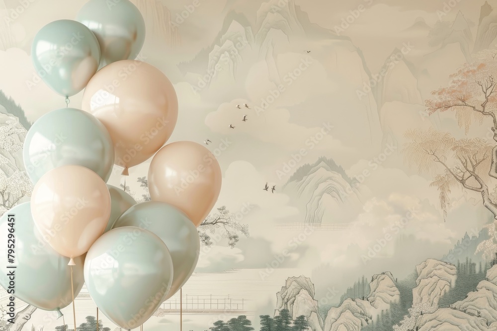 A bunch of pastel colored balloons in front of a scenic mural wallpaper with mountains, trees, and birds.