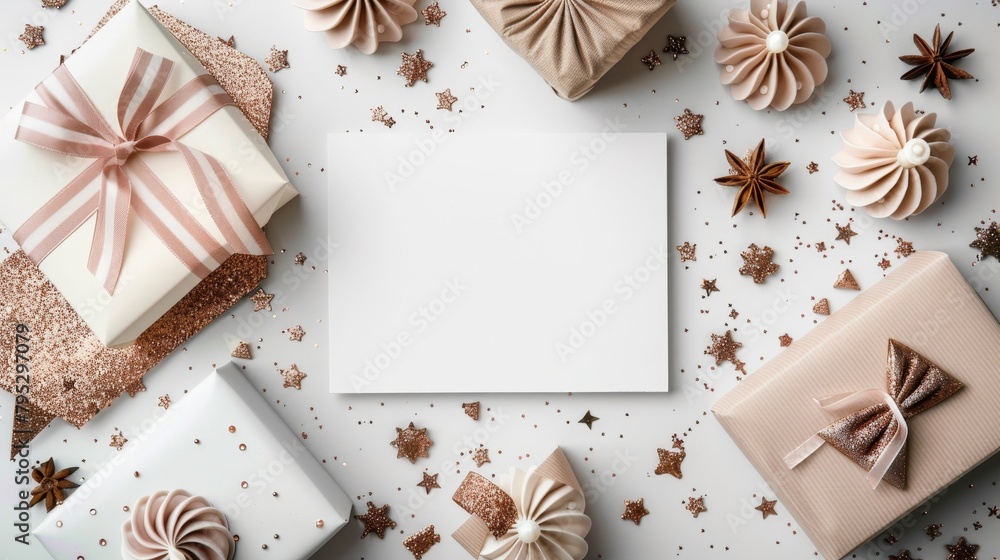 Fototapeta premium Flat lay composition with gifts, decorations and blank card.