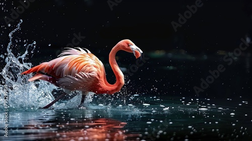 Flamingo walking on river water with clear water splashes photo