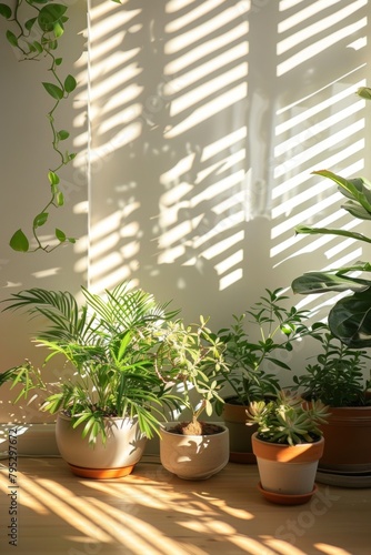 The morning sun gently casts patterned shadows over a collection of lush houseplants, evoking tranquility and growth