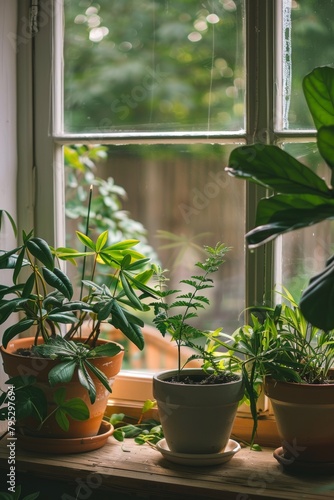 Collection of green potted houseplants elegantly displayed on a windowsill with raindrops on glass © lagano
