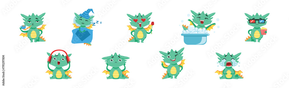 Funny Baby Dragon Character Engaged in Different Activity Vector Set Funny Baby Dragon Character Engaged in Different Activity Vector Set