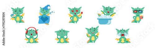 Funny Baby Dragon Character Engaged in Different Activity Vector Set © topvectors