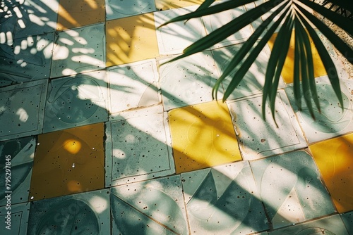 The play of light and shadows on a tiled floor from a palm tree creates an intriguing pattern and texture
