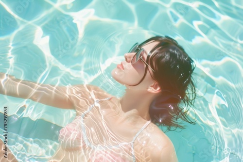 Woman in sunglasses floating peacefully in a clear sunlit pool